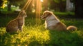 Dog and cat sitting in green grass outdoors Royalty Free Stock Photo