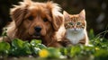 A dog and cat sitting next to each other in the grass, AI Royalty Free Stock Photo