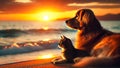 dog and cat sitting together, watching the sunset over the ocean Royalty Free Stock Photo