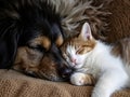 A dog and a cat are sleeping together on a couch Royalty Free Stock Photo