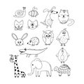 dog, cat, snail, bee, elephant, rabbit, bird, crocodile, owl, hedgehog, turtle set hand drawn doodle. , scandinavian