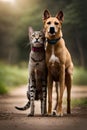 A dog and cat standing together