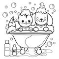 Dog and cat in a tub taking a bath. Vector black and white coloring page.