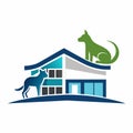 A dog and a cat are on top of a house in this urban setting, Modern, sleek design of a veterinary clinic building, minimalist