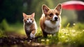 A dog and a cat walking on the grass in the rain