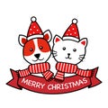 Dog and cat wearing Santa hat and scarf in line art design. Merry Christmas concept vector illustration. Holiday celebration. Royalty Free Stock Photo