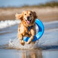 Dog catching a blue buoy and running at the beach. Royalty Free Stock Photo