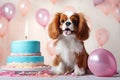 Dog Cavalier King Charles Spaniel celebrate his birthday, Pink background