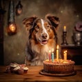 Dog celebrating birthday with cake and candles, created with generative AI Royalty Free Stock Photo