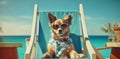 dog lazy vacation pet summer chair beach funny sunglasses relax. Generative AI.