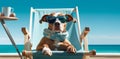 dog vacation lazy relax funny summer beach chair sunglasses pet. Generative AI. Royalty Free Stock Photo