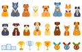 Dog champion trophy cup icons set cartoon vector. Podium puppy show