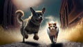 a dog chases a cat on a path through the forest Royalty Free Stock Photo