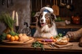 dog chef preparing beautiful and delicious feast of healthy, nutritious food