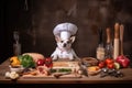 dog chef preparing culinary masterpiece with ingredients and utensils of all shapes and sizes