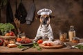 dog chef preparing gourmet feast of fish and vegetable medley in casual kitchen setting