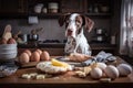 dog chef preparing tasty meal of bacon, eggs, and potatoes for breakfast