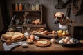 dog chef preparing tasty meal of bacon, eggs, and potatoes for breakfast