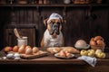 dog chef preparing tasty meal of bacon, eggs, and potatoes for breakfast