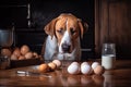 dog chef whisking eggs and tasting for seasoning before preparing breakfast