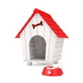 Dog Chew Bone in Red Plastic Bowl for Dog in front of Wooden Cartoon Dog House. 3d Rendering Royalty Free Stock Photo