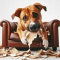 dog chewed and destroyed the sofa and sits on it, a portrait of a harmful dog on white background. ai generative