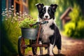 Dog with children toy watering can irrigating backyard garden, AI generated