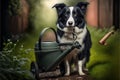 Dog with children toy watering can irrigating backyard garden, AI generated