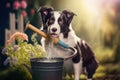 Dog with children toy watering can irrigating backyard garden, AI generated