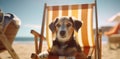 lazy dog chair relax funny sunglasses summer vacation pet beach. Generative AI.