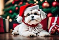 Christmas Secene. A maltese puppy dog wearing a Santa Claus hat