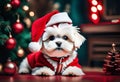 Christmas Secene. A maltese puppy dog wearing a Santa Claus hat