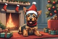 Christmas Secene. A Terrier puppy dog wearing a Santa Claus hat Royalty Free Stock Photo