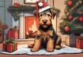 Christmas Secene. A Airedale Terrier puppy dog wearing a Santa Claus hat