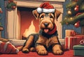 Christmas Secene. A Airedale Terrier puppy dog wearing a Santa Claus hat