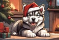 Christmas Secene. A Alaskan Malamute puppy dog wearing a Santa Claus hat Royalty Free Stock Photo