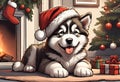 Christmas Secene. A Alaskan Malamute puppy dog wearing a Santa Claus hat Royalty Free Stock Photo