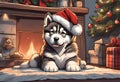 Christmas Secene. A Alaskan Malamute puppy dog wearing a Santa Claus hat Royalty Free Stock Photo
