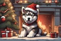 Christmas Secene. A Alaskan Malamute puppy dog wearing a Santa Claus hat Royalty Free Stock Photo