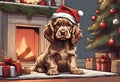 Christmas Secene. A Cocker Spaniel puppy dog wearing a Santa Claus hat Royalty Free Stock Photo
