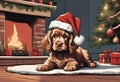 Christmas Secene. A Cocker Spaniel puppy dog wearing a Santa Claus hat Royalty Free Stock Photo