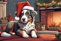 Christmas Secene. A Australian Shepherd puppy dog wearing a Santa Claus hat Royalty Free Stock Photo