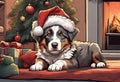 Christmas Secene. A Australian Shepherd puppy dog wearing a Santa Claus hat Royalty Free Stock Photo