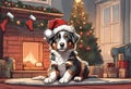 Christmas Secene. A Australian Shepherd puppy dog wearing a Santa Claus hat Royalty Free Stock Photo