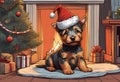 Christmas Secene. A Australian Terrier puppy dog wearing a Santa Claus hat