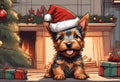 Christmas Secene. A Australian Terrier puppy dog wearing a Santa Claus hat