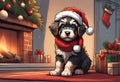 Christmas Secene. A Barbet puppy dog wearing a Santa Claus hat