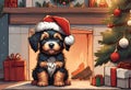 Christmas Secene. A Barbet puppy dog wearing a Santa Claus hat Royalty Free Stock Photo