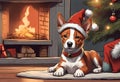 Christmas Secene. A Basenji puppy dog wearing a Santa Claus hat