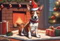 Christmas Secene. A Basenji puppy dog wearing a Santa Claus hat